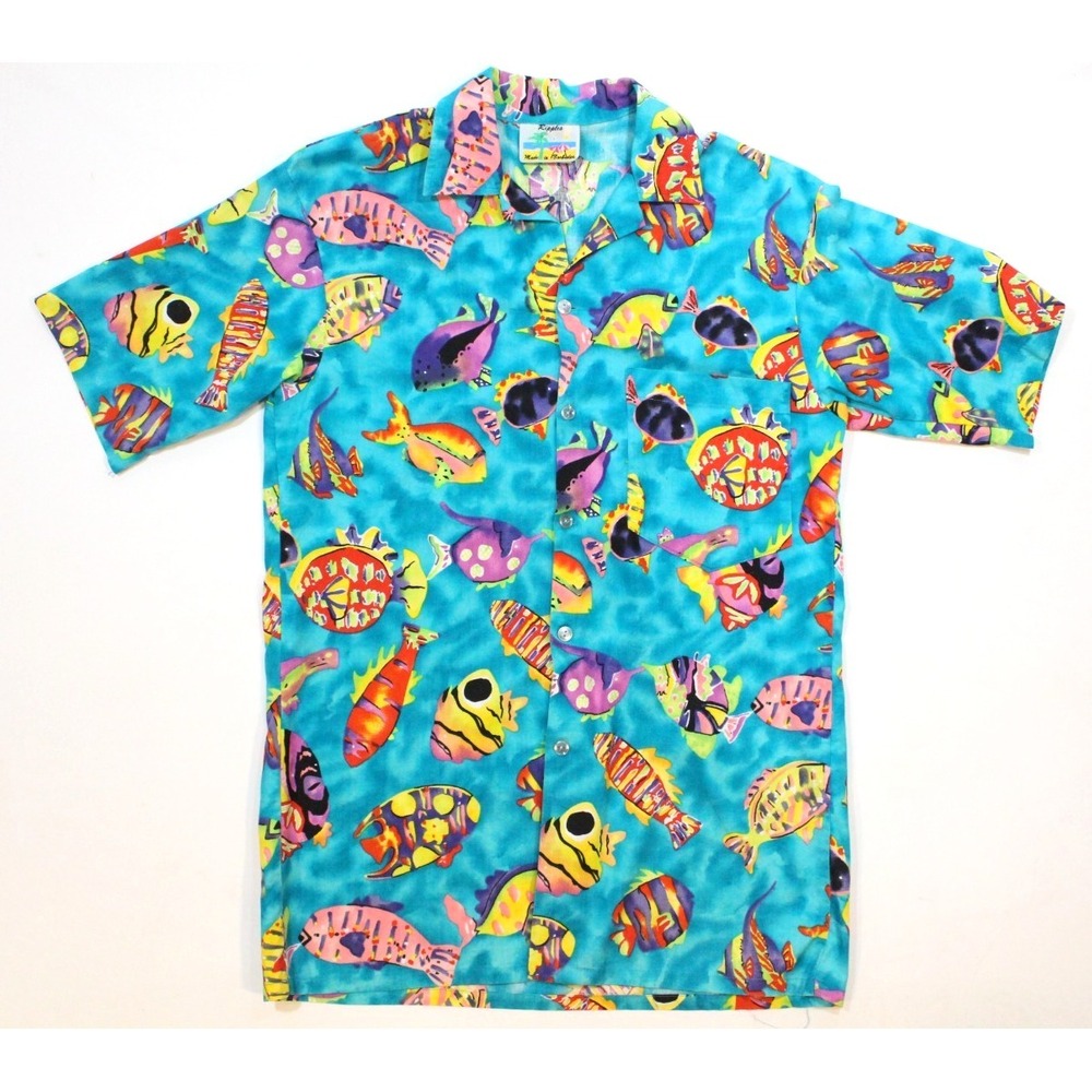 Vintage 70's‎ Ripples Blue Ocean Tropical Fish Hawaiian Shirt Size Small Cotton